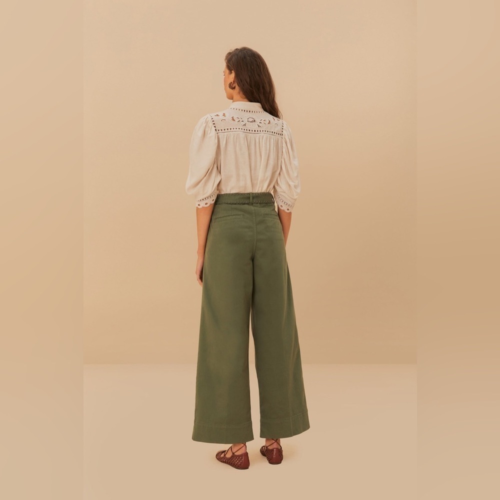 Farm Rio: Green Twill Pleated Wide Pants - Picture 2 of 11